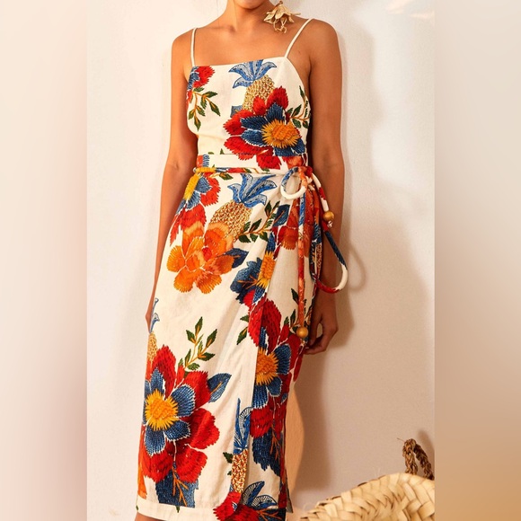 FARM Rio Pineapple Flowers Viscose Square Neck Tied Waist Colorful Midi Dress - Picture 3 of 4